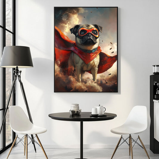 Funny pug art print of a pug dog in superhero gear with a red cape