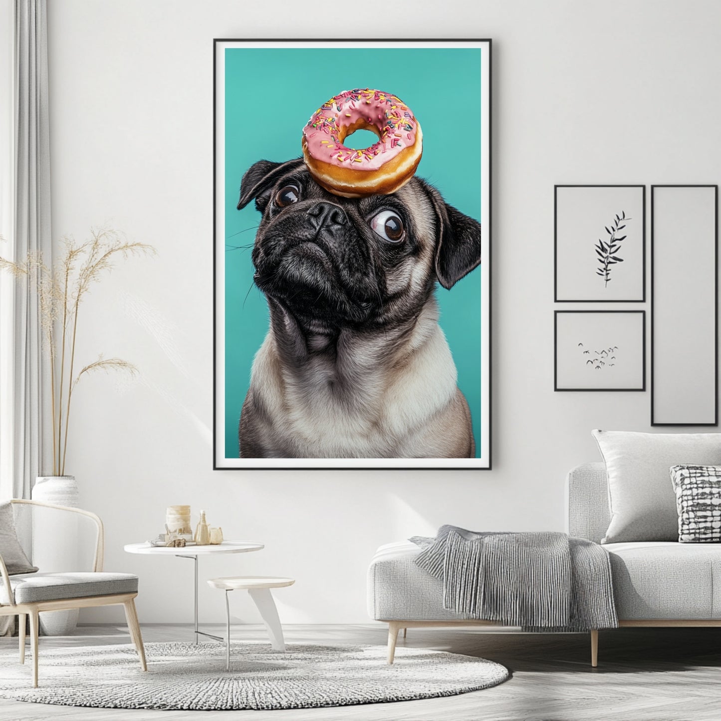 Pug art poster with a cute pug and donut, perfect for quirky wall décor