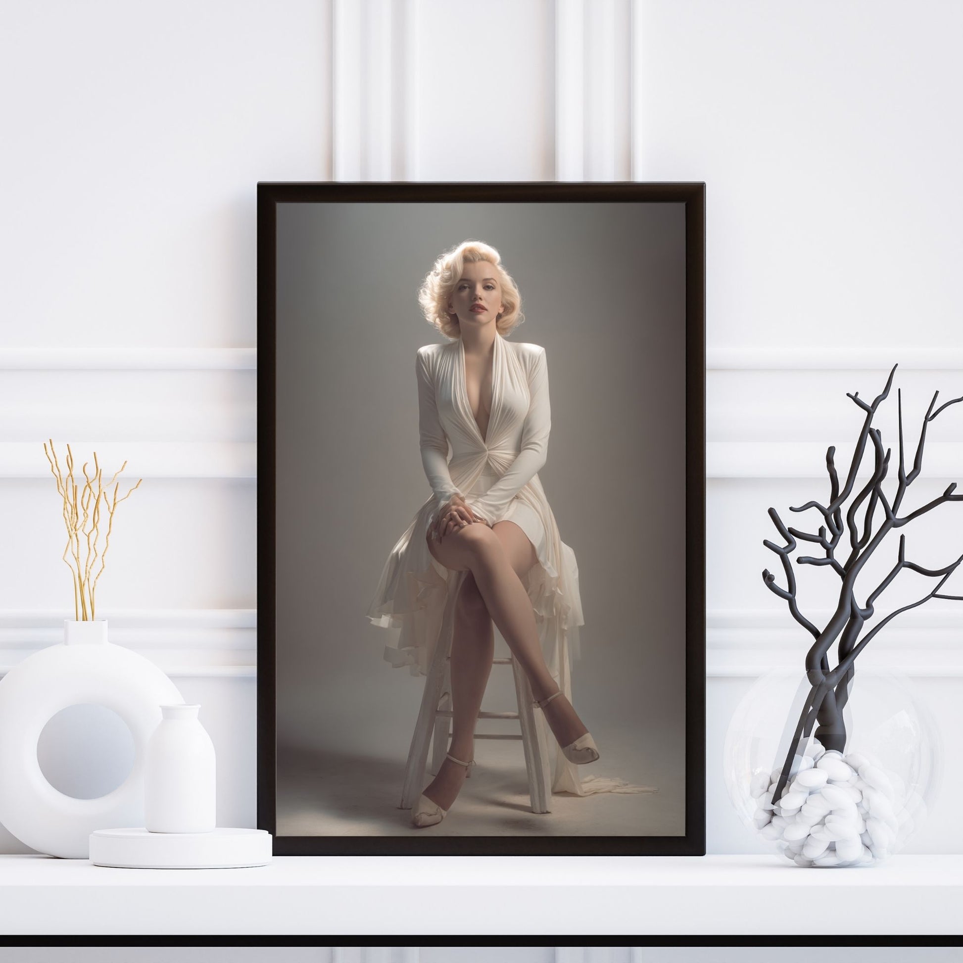 Framed portrait of Marilyn Monroe in a white dress sitting on a stool against a white background.