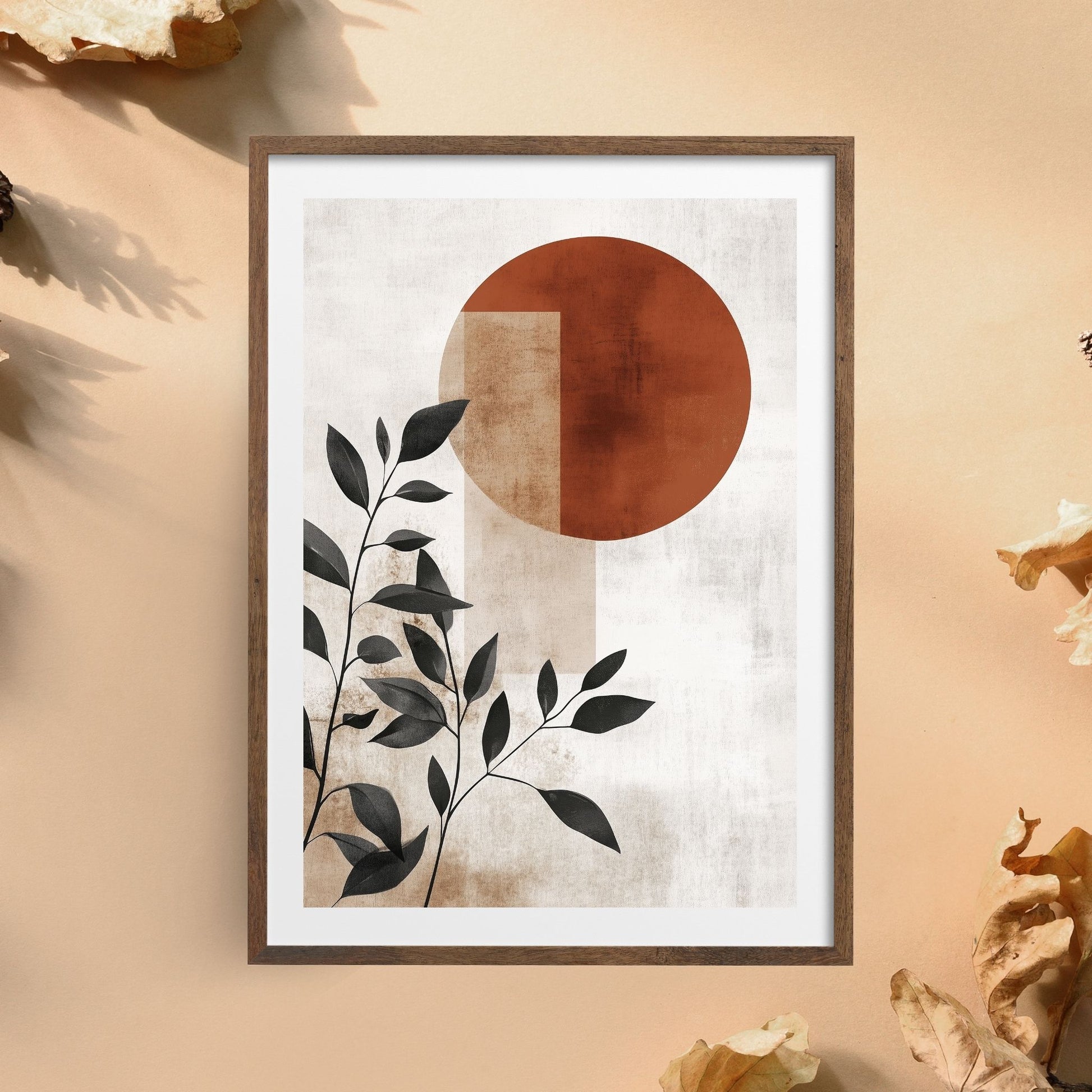 Elegant botanical illustration with black leaves and warm beige hues