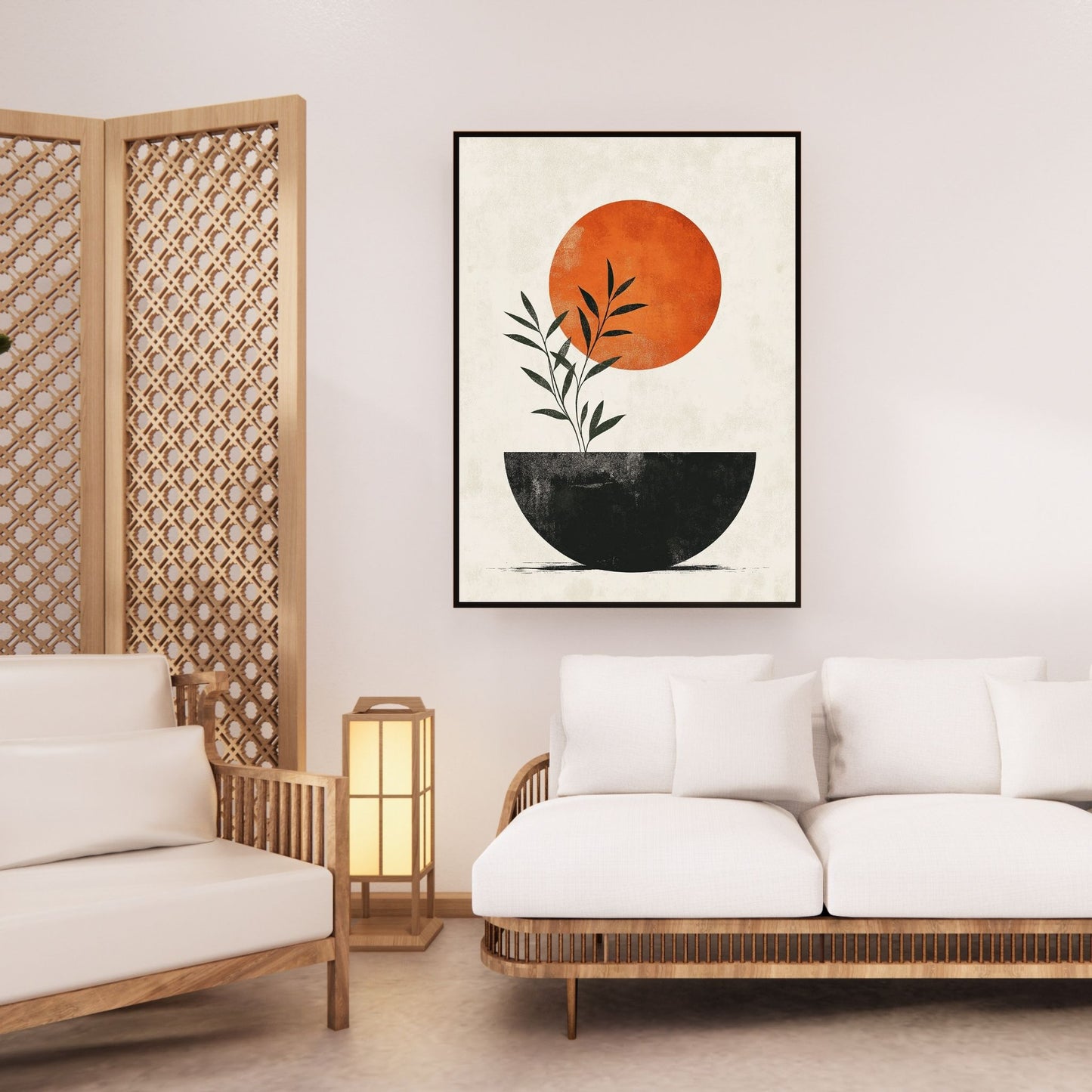 Digital Japandi art print with a modern sun and plant composition