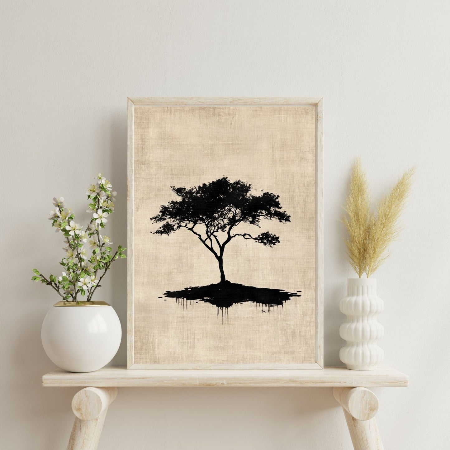 Digital Japandi style artwork with a natural tree-inspired design