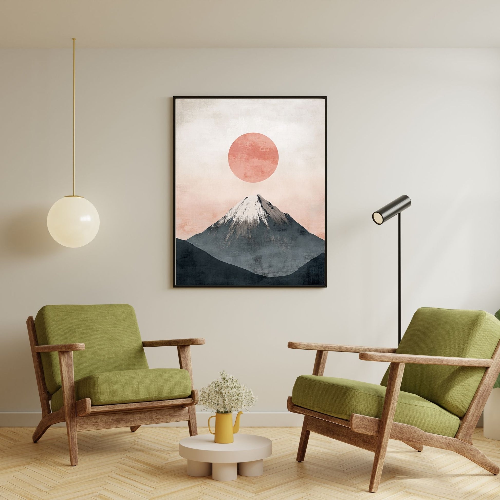 Digital Japandi print showcasing a tranquil mountain sunrise scene