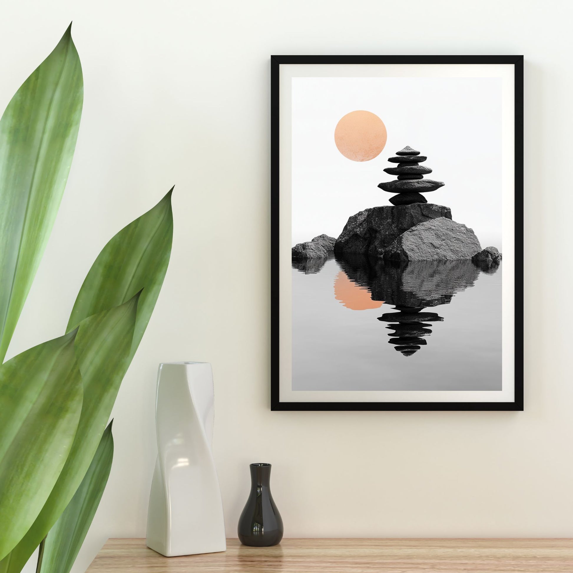 Minimalist Japandi style artwork with a Zen-inspired stone arrangement