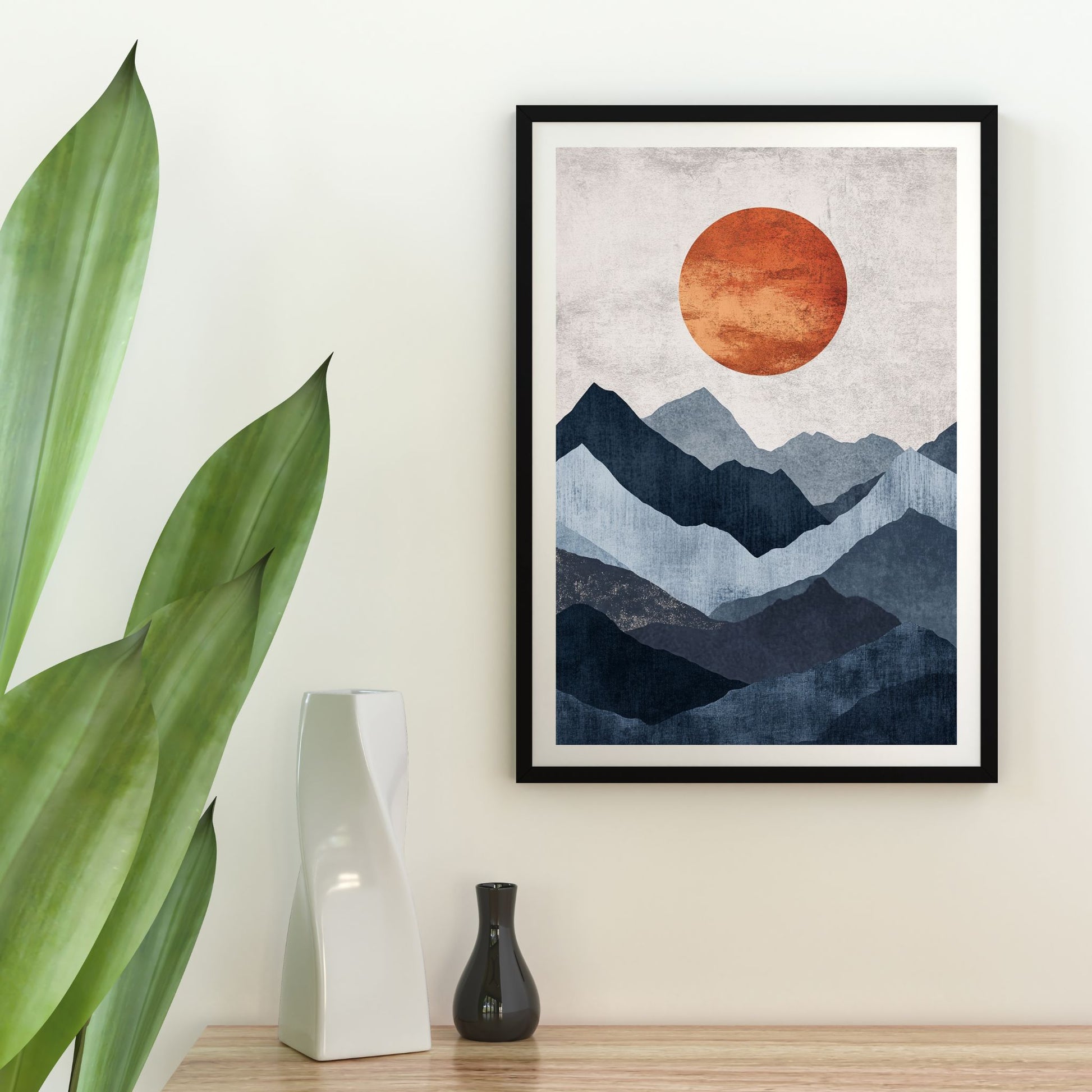 Minimalist Japandi digital print of nature-inspired mountain scenery