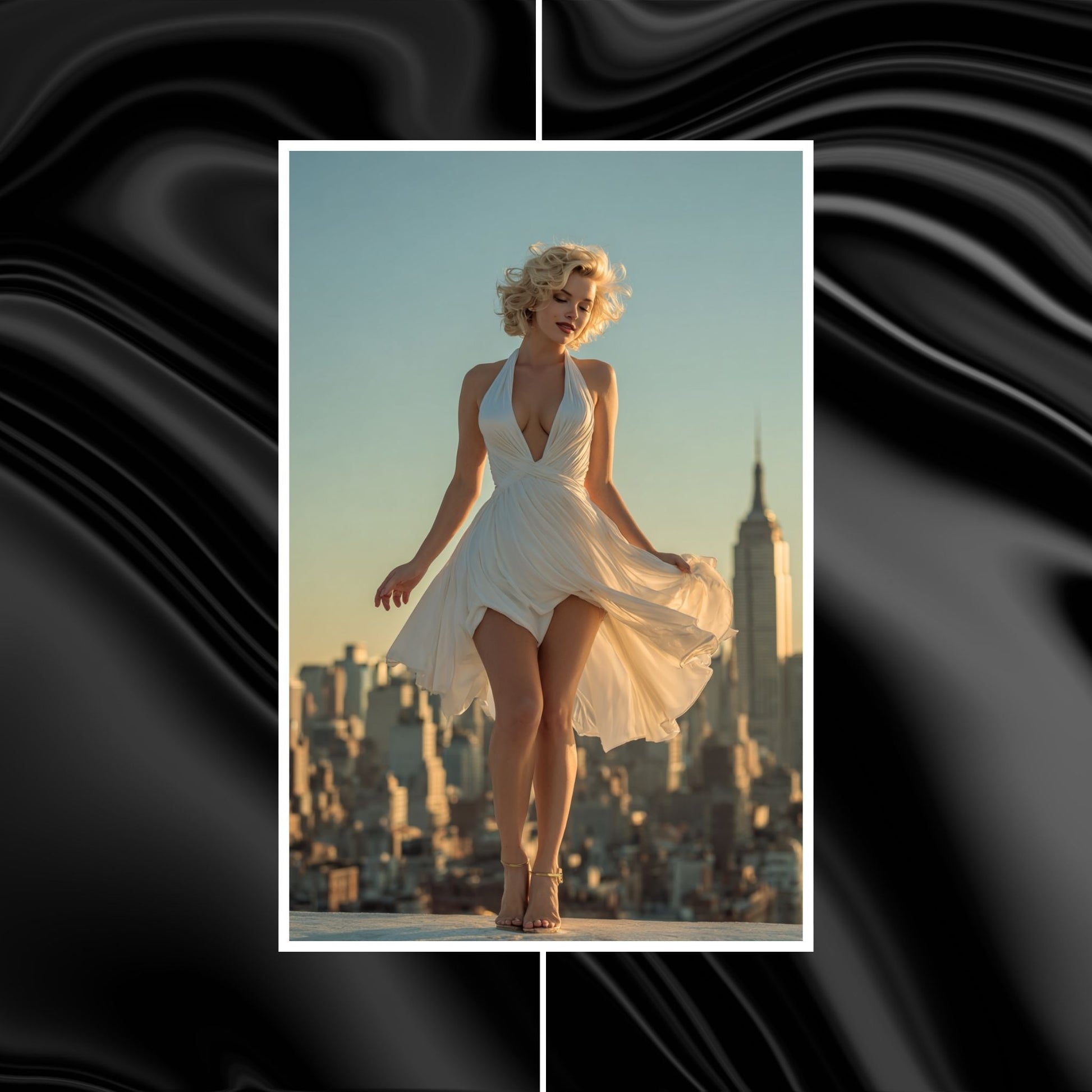 Marilyn Monroe in a white dress standing in front of a city skyline with the Empire State Building.