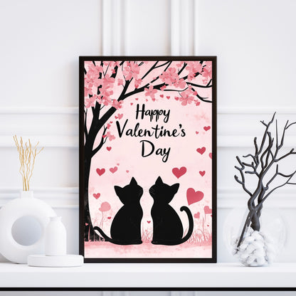 Romantic cat couple art with pink hearts and blossoming tree for Valentine’s Day home décor.