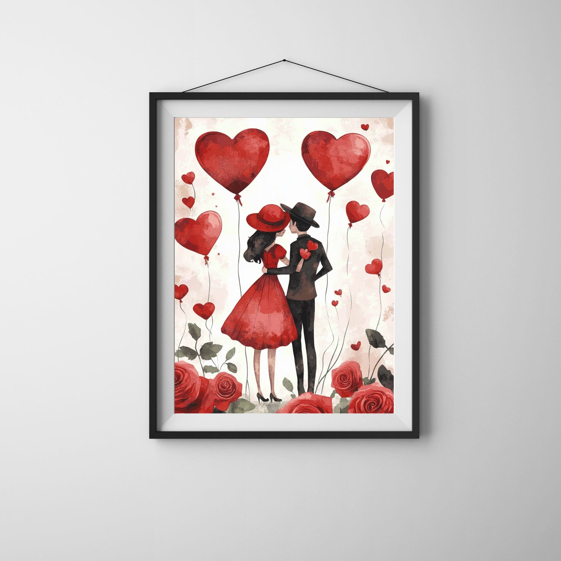 Love-filled Valentine’s Day couple art featuring heart balloons and red roses