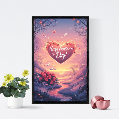 Romantic Valentine’s Day heart made of roses, with doves flying in a peaceful setting