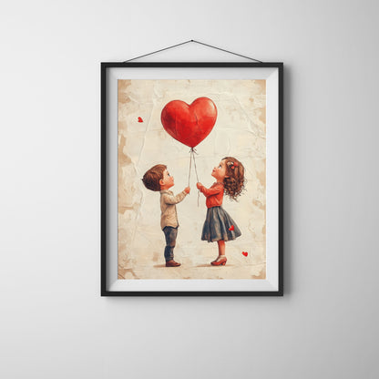 Sweet Valentine’s decor featuring children with a heart-shaped balloon