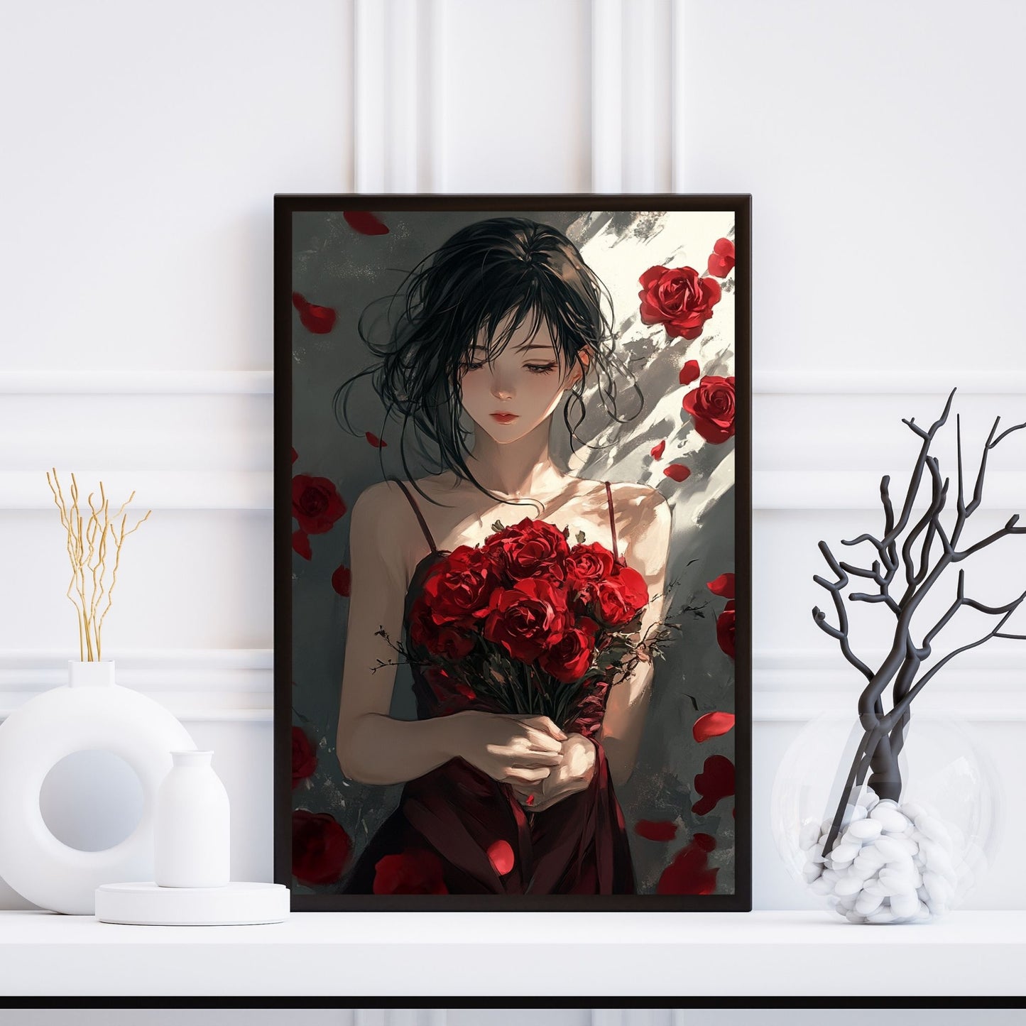 Valentine’s wall decor featuring a woman holding a bouquet of red roses, surrounded by rose petals