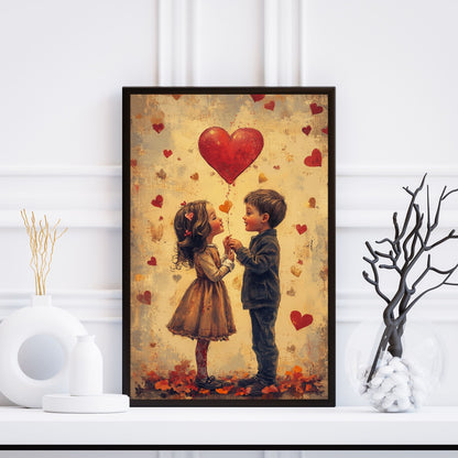 Sweet Valentine’s art showing two kids holding a large heart balloon