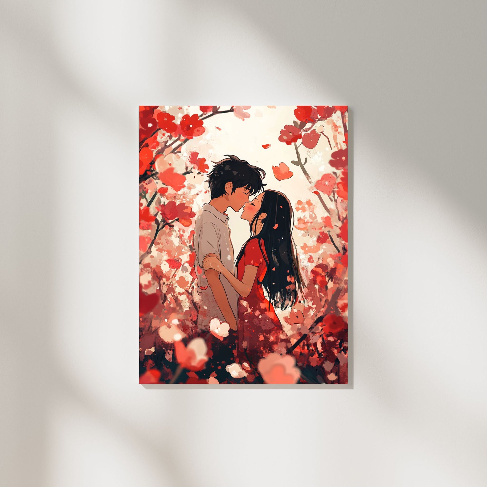 A romantic moment captured in this Valentine’s Day art with a couple in a field of red petals