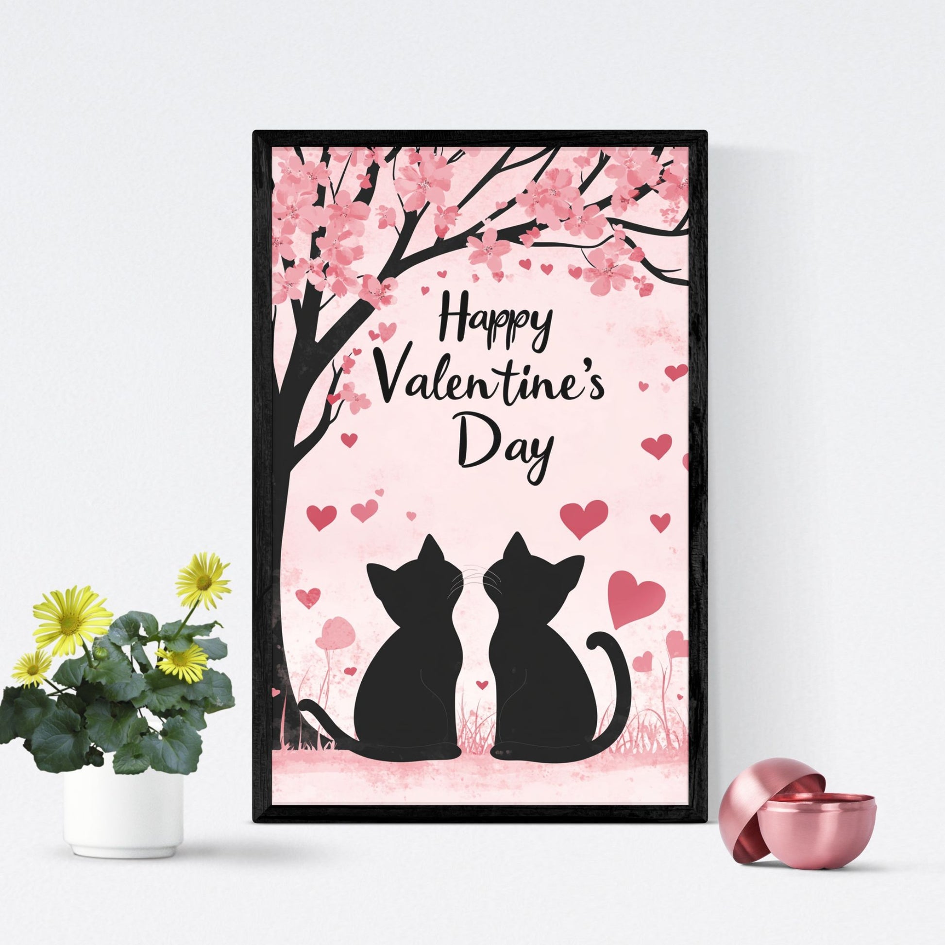 Cute Valentine’s Day card-inspired cat art featuring a couple of cats, hearts, and blossoms