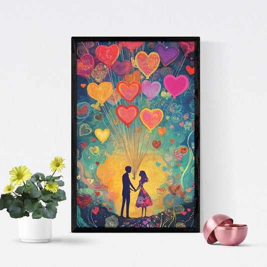 Romantic silhouette couple with colorful heart balloons on a vibrant background