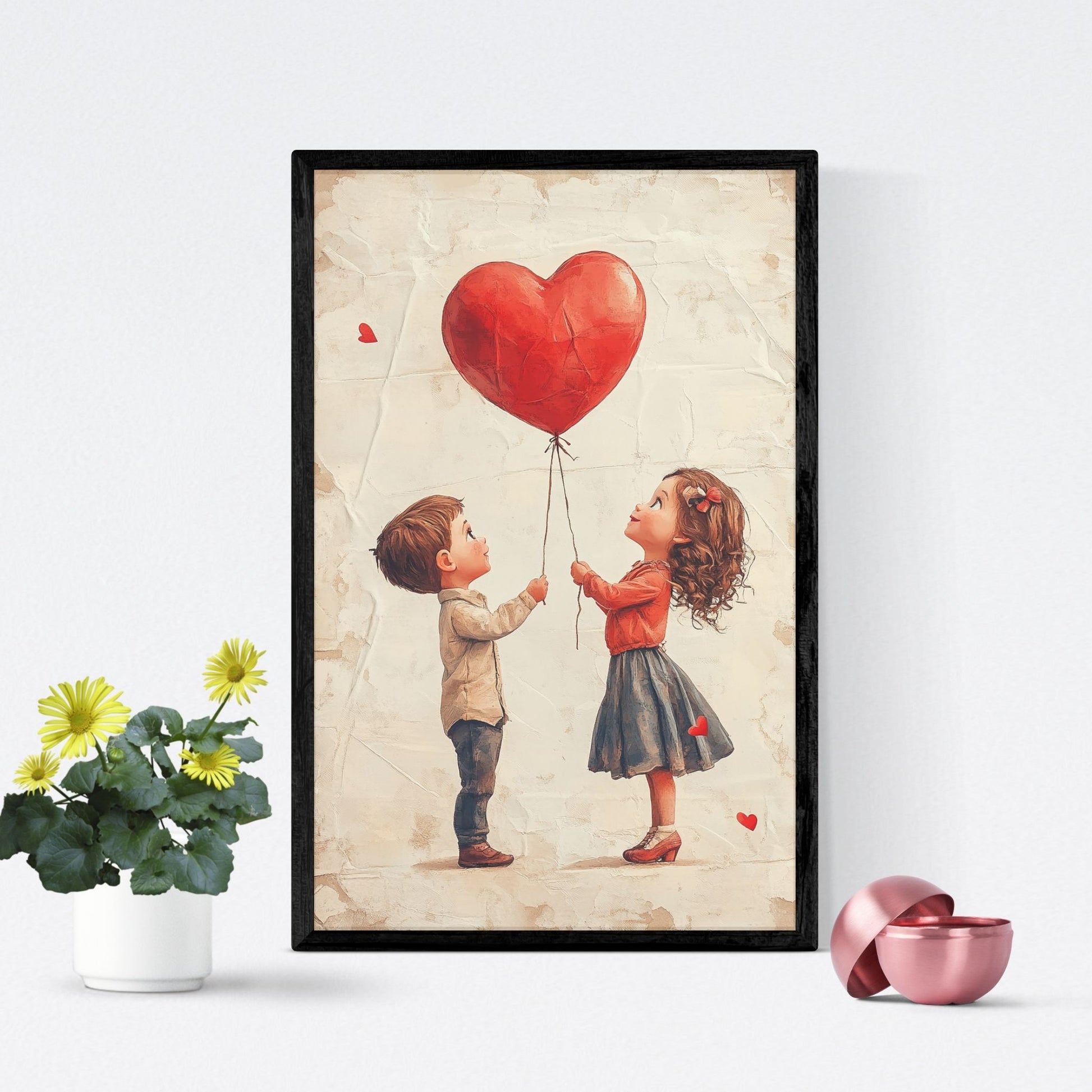 Innocent Valentine’s Day art showing two kids holding a red heart balloon