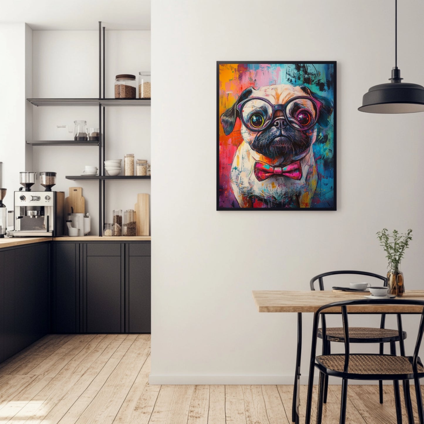 Custom pug art of a fashionable pug with glasses and a bowtie, surrounded by color