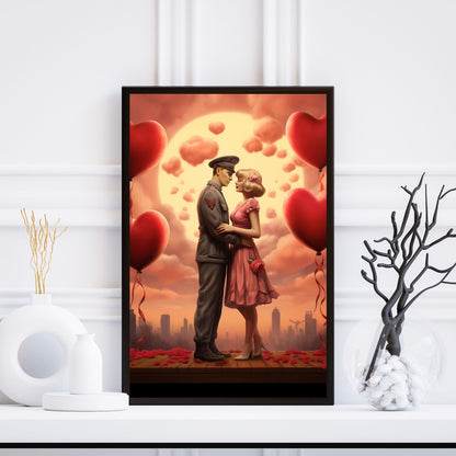 A romantic Valentine’s Day couple with heart balloons and roses, perfect for home décor